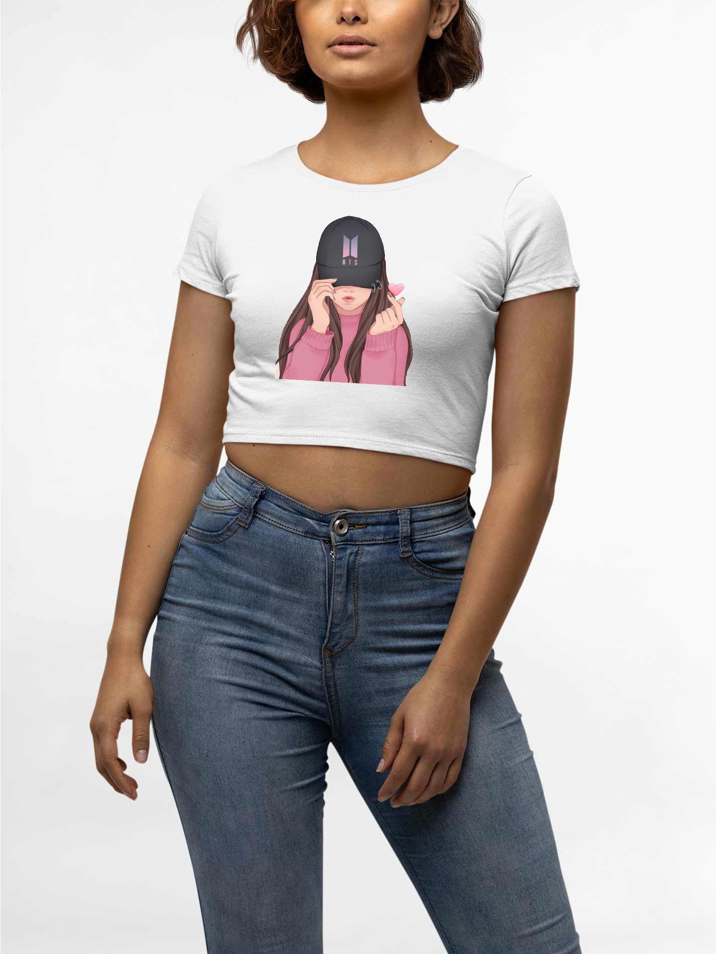 BTS White Round Neck Crop Top