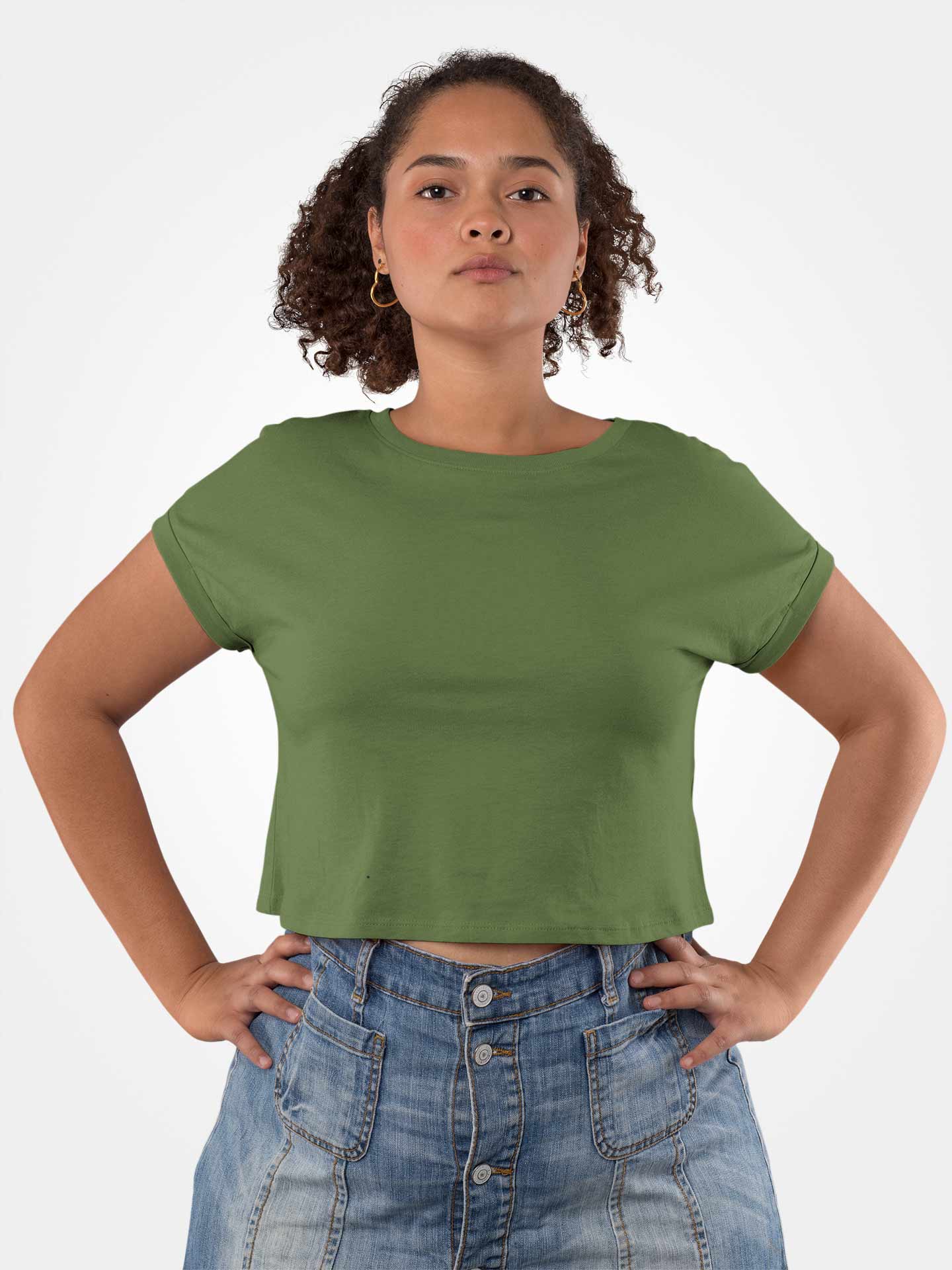 Olive Green Round Neck Crop Top