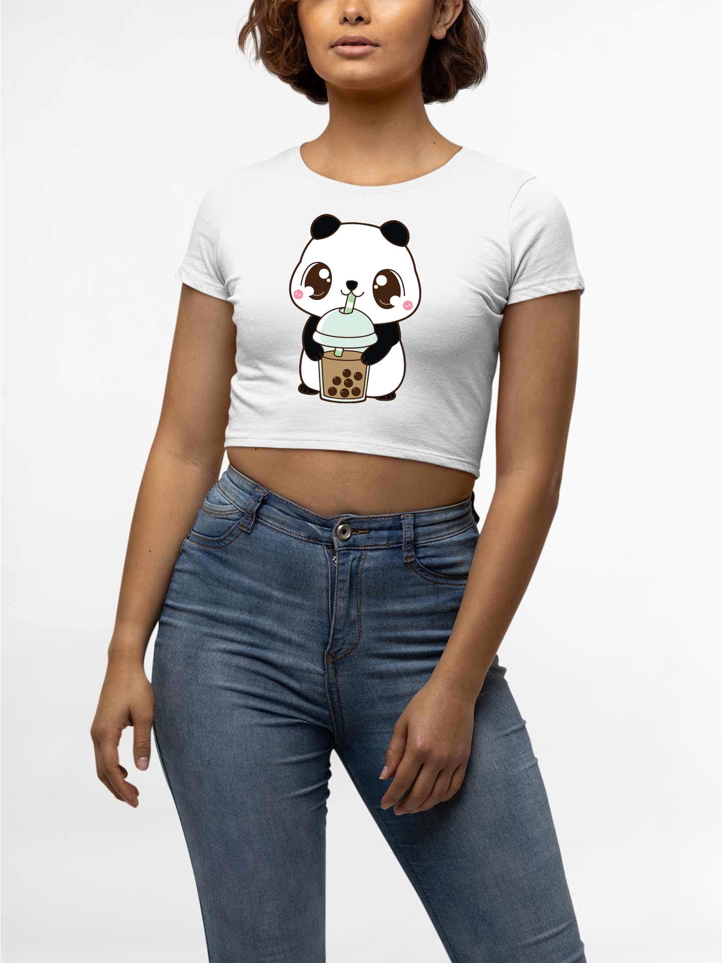 Panda White Round Neck Crop Top