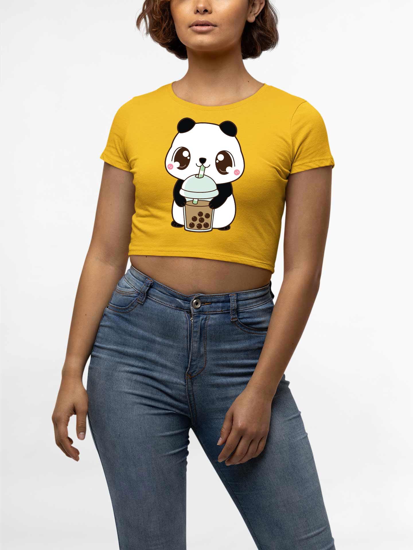 Panda Yellow Round Neck Crop Top