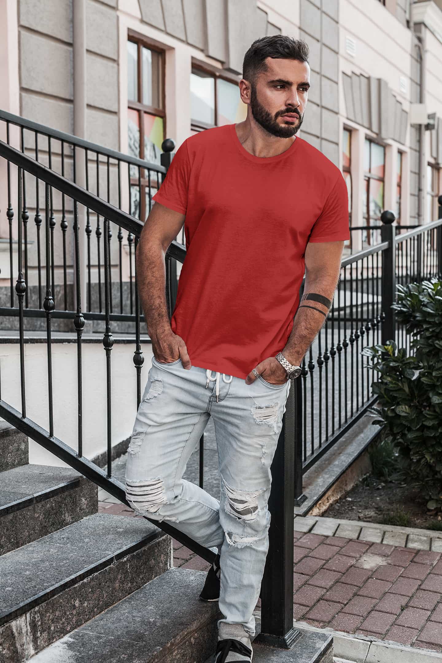 Ripped Jeans Red T Shirt With Light Blue Jeans Carmine Red
